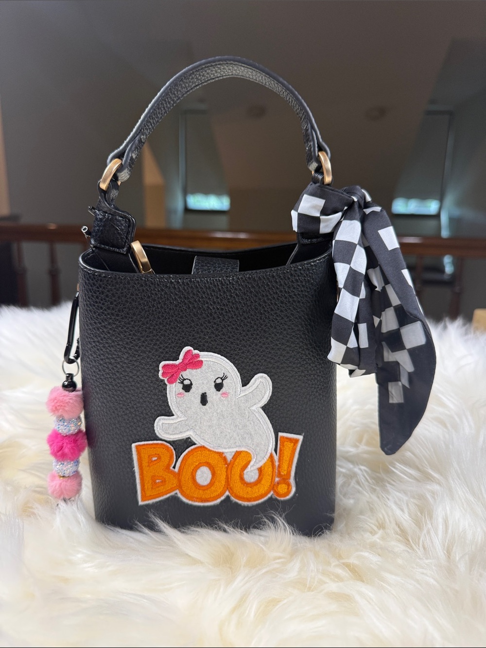 Black Women’s Bucket Bag with Cute Ghost Patch